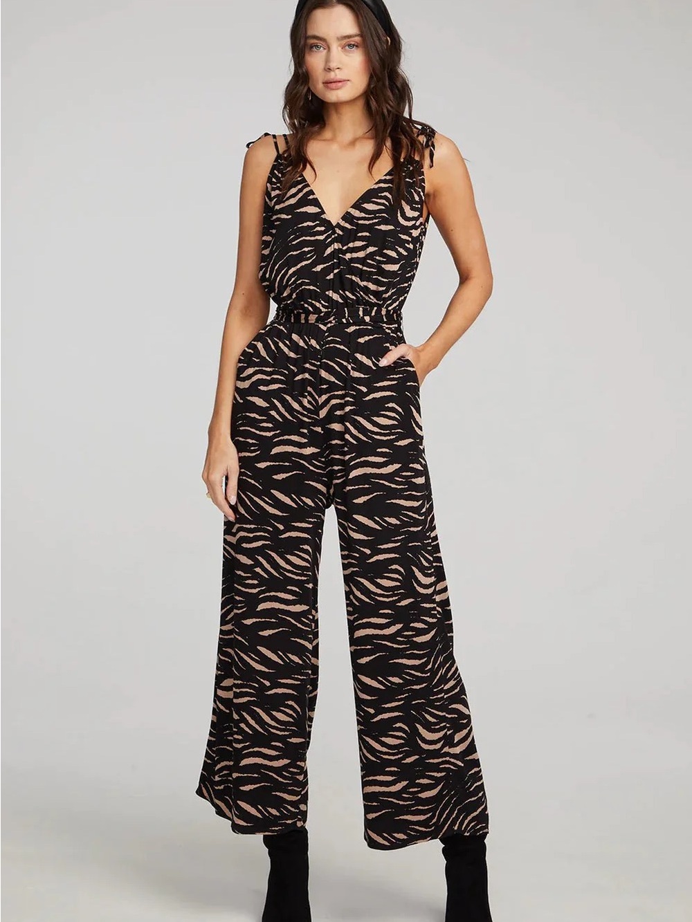 Saltwater‎ Luxe Zebra Print Wide Leg Jumpsuit Black Tan Anthropologie